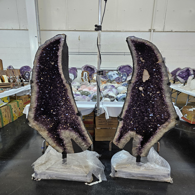 twin amethyst pieces on metal stands